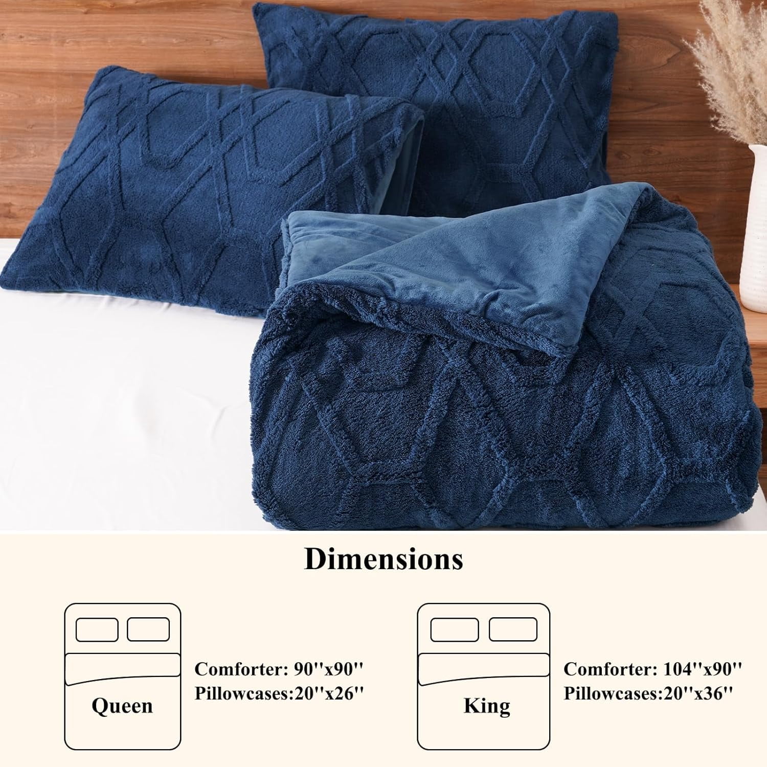 PHF Warm Sherpa Fleece King Comforter Set, 3D Tufted Fluffy Navy Blue Bedding for Winter, Soft 2 Pieces Shaggy Bed Set, 1 Comforter (104"x90") and 2 Pillowcases (20"x36")