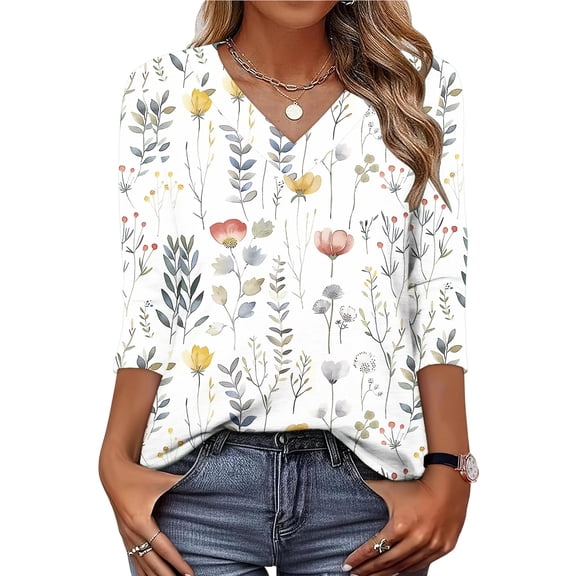 Jsaierl Tops for Women 3/4 Sleeve Summer V Neck Shirts Trendy Graphic Petite Blouses Flowy Holiday T-shirts Top S-3XL