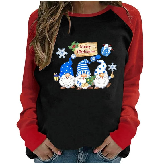 Black_Friday Cyber_Monday Deals Dianli Women Tops Blouses Long Sleeve Round Neck Xmas Santa Print Tunic Tops for Women Loose Fit Fashion Casual Tees Shirts Comfy Soft Womens Sweaters