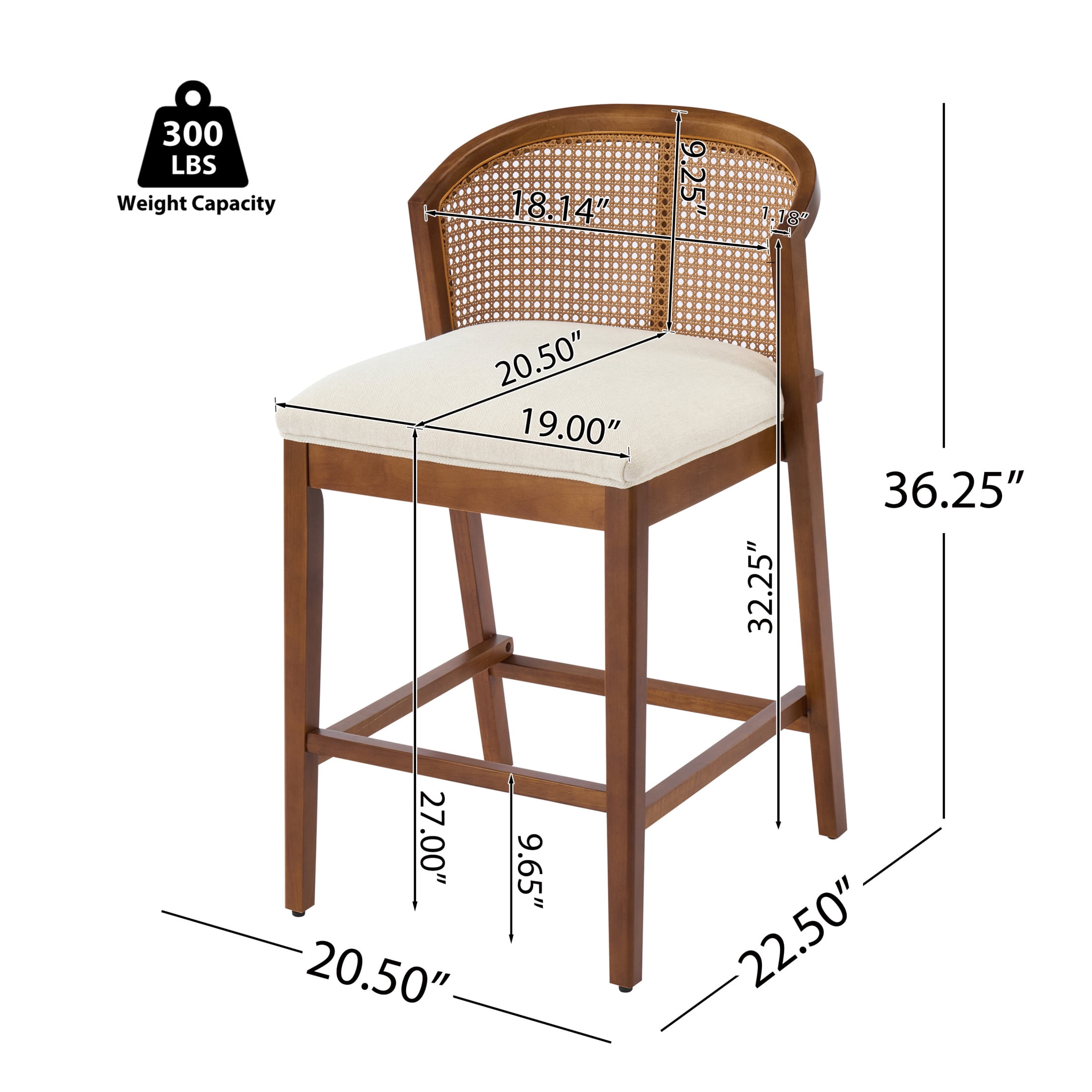 Christopher Knight Home Counter Height Bar Stools, Wood Frame and Rattan Backrest, Walnut+Beige, Set of 2