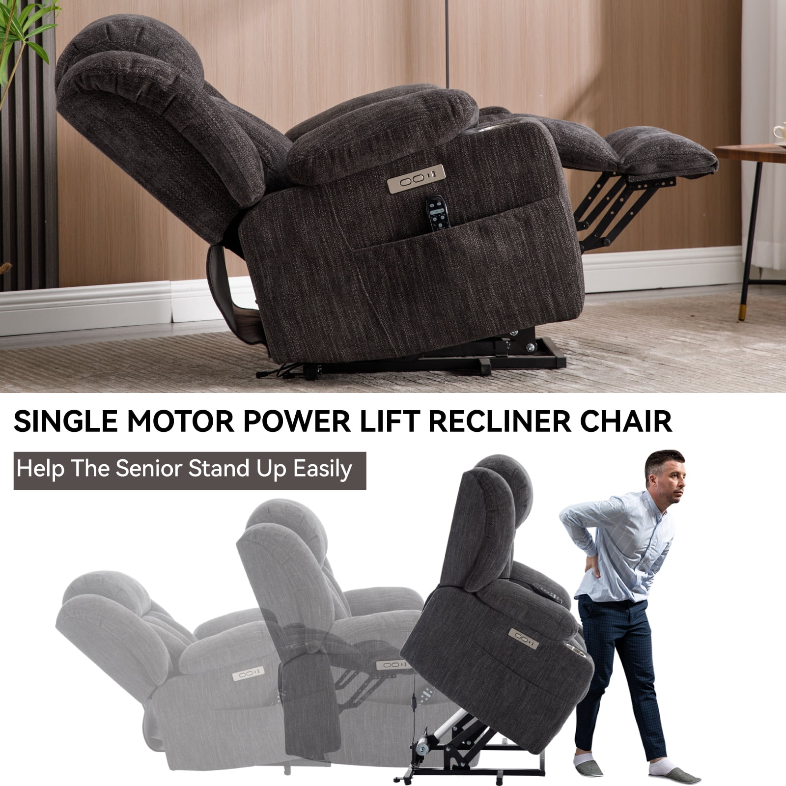Alvantor Power Lift Recliner Chair for Elderly with Massage and Heat, Chenille Recliners Chair with USB Ports & Cup Holders Drak Brown