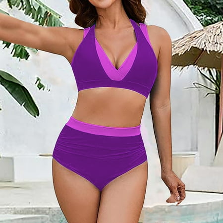 Ovticza Womens High Waisted Thong Bikini Sets Sexy Brazilian Triangle Top Halter V Neck Two Piece Swimsuit Color Block Bathing Suits Purple M