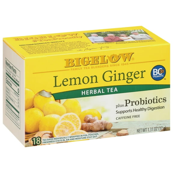 Bigelow Tea Lemon Ginger plus Probiotics Herbal Tea, Caffeine Free Tea with Lemon and Ginger, 18 Count Box (Pack of 1), 108 Total Tea Bags