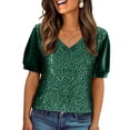 thumbnail image 3 of Laqbezok Women V-Neck Sequin Sparkly Velvet Short Puff Sleeve Party Top Fashion Sparkle Outfit, 3 of 6