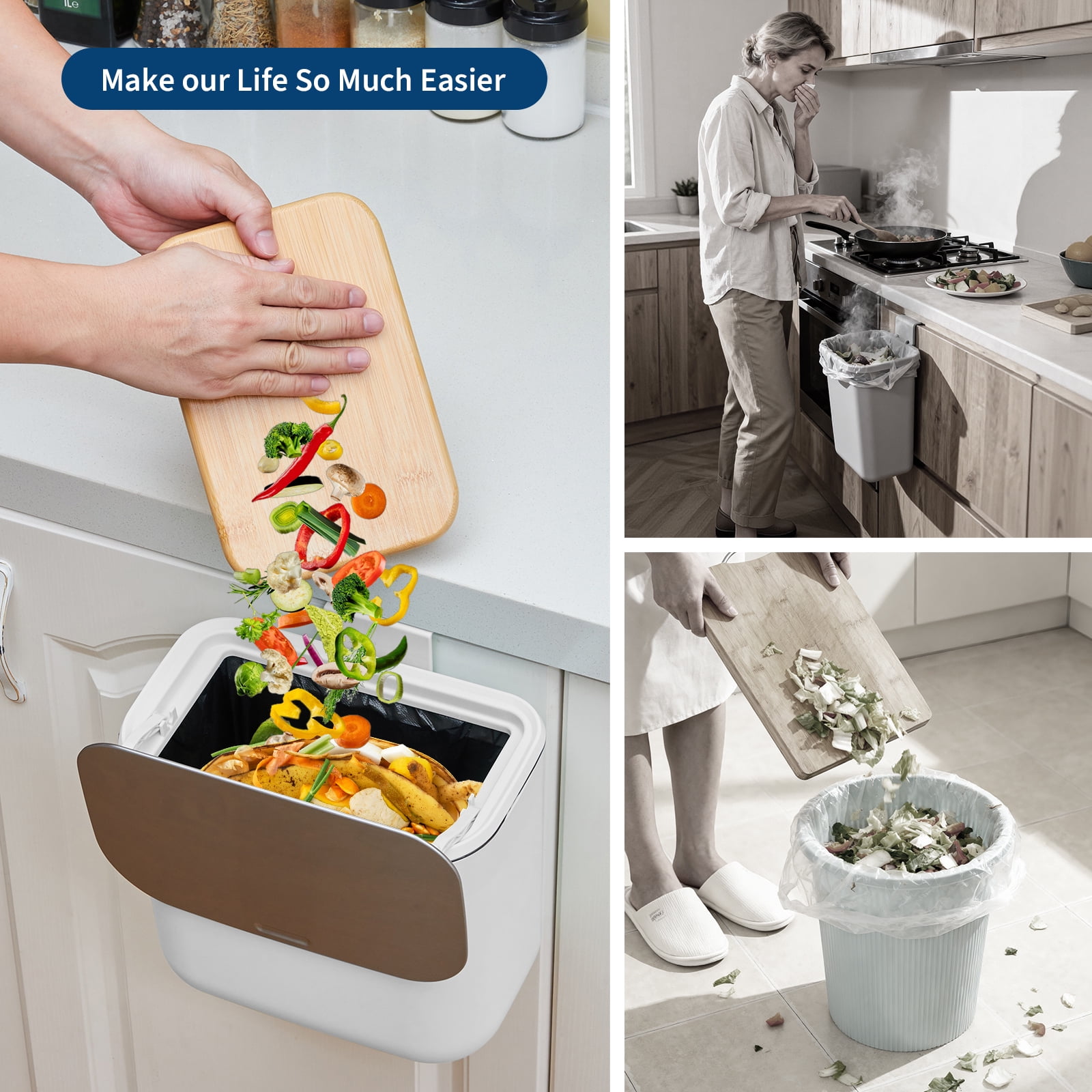1.8 Gallon Kitchen Hanging Small Trash Can with Stainless Steel Lid, Odor-Free Compost Bin, Space-Saving Garbage Can for Cabinet, Under Sink, RV, Bathroom, White