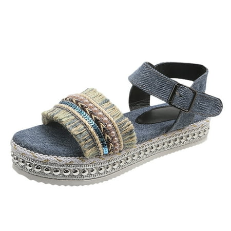 

WNVMWI Sandals Women Womens Wedge Sandals Beach Light Blue Shoes Slippers Flip Flops Orthotic Sandals for Women Women s Summer Fashion Denim One Buckle Sandals Open Toe Thick Bottom Sandals Size 39