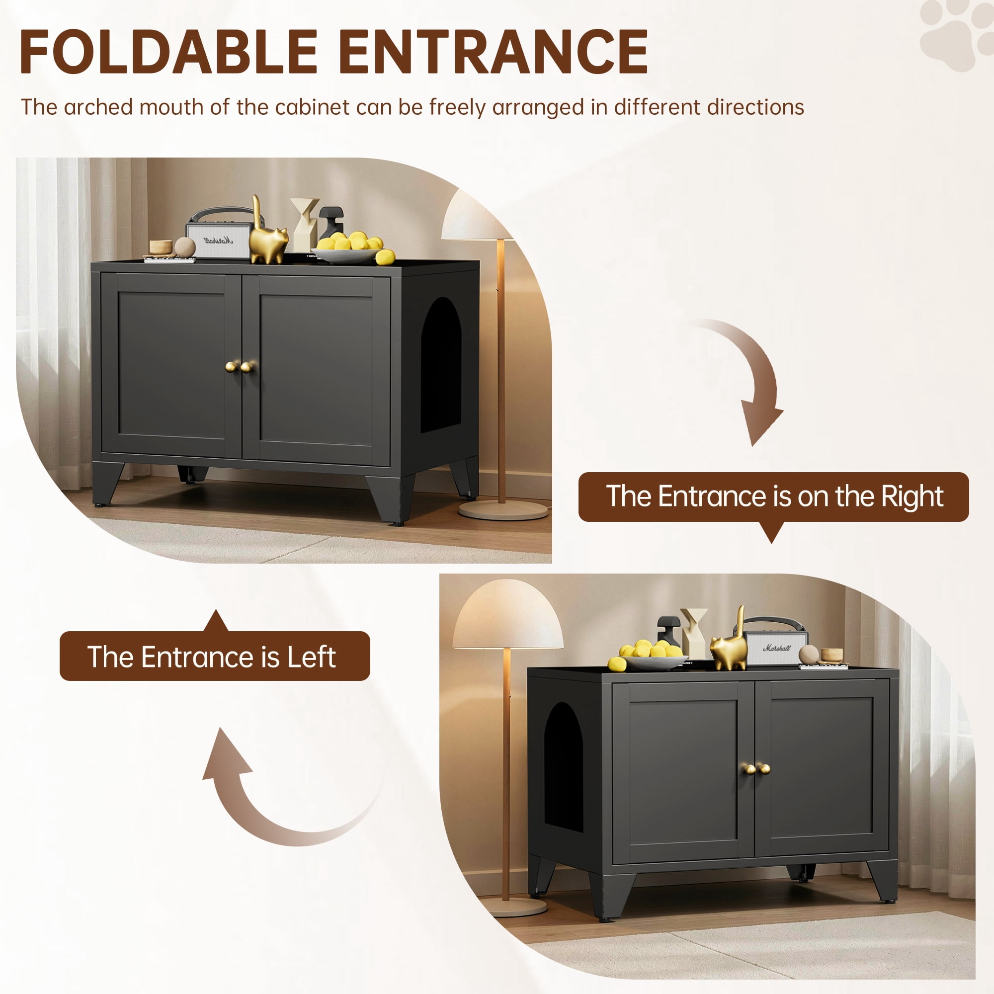 Modern Black Metal Cat Litter Box Enclosure, Hidden Litter Box Furniture Freestanding Pet Washroom Cabinet, Decorative Indoor Pet Side Table Fits Most Standard Litter Boxes