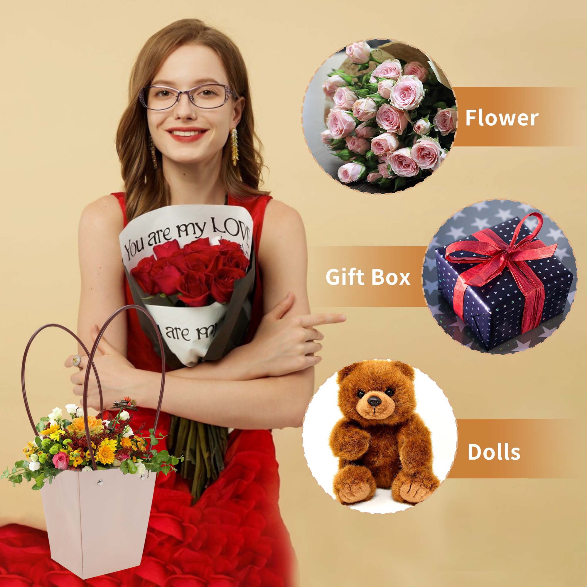 Unique Bargains 10Pcs Floral Bags Bouquet Bag with Handle Pink 5.12" x 3.74" x 5.91"