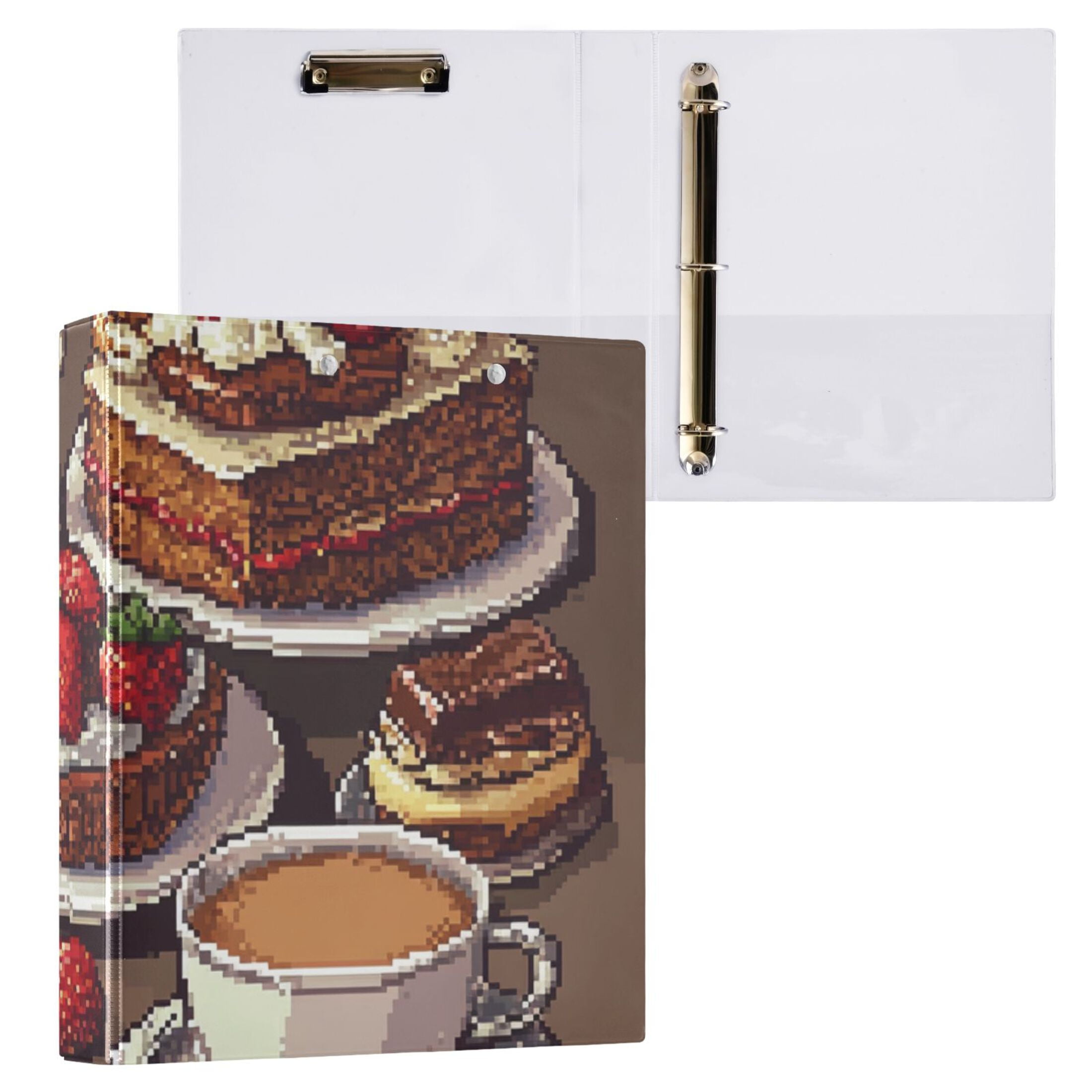 Pixel Coffee Cakes 3 Ring Binders 1.5 inch Hardcover File Folders with Interior Pockets A4 Size Organizer for School Office Hospital