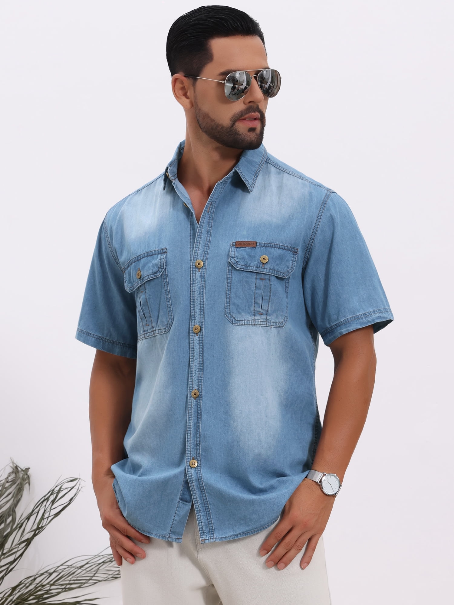 DARING DIVA Men's Denim Chest Pockets Western Retro Short Sleeve Shirts S Light Blue