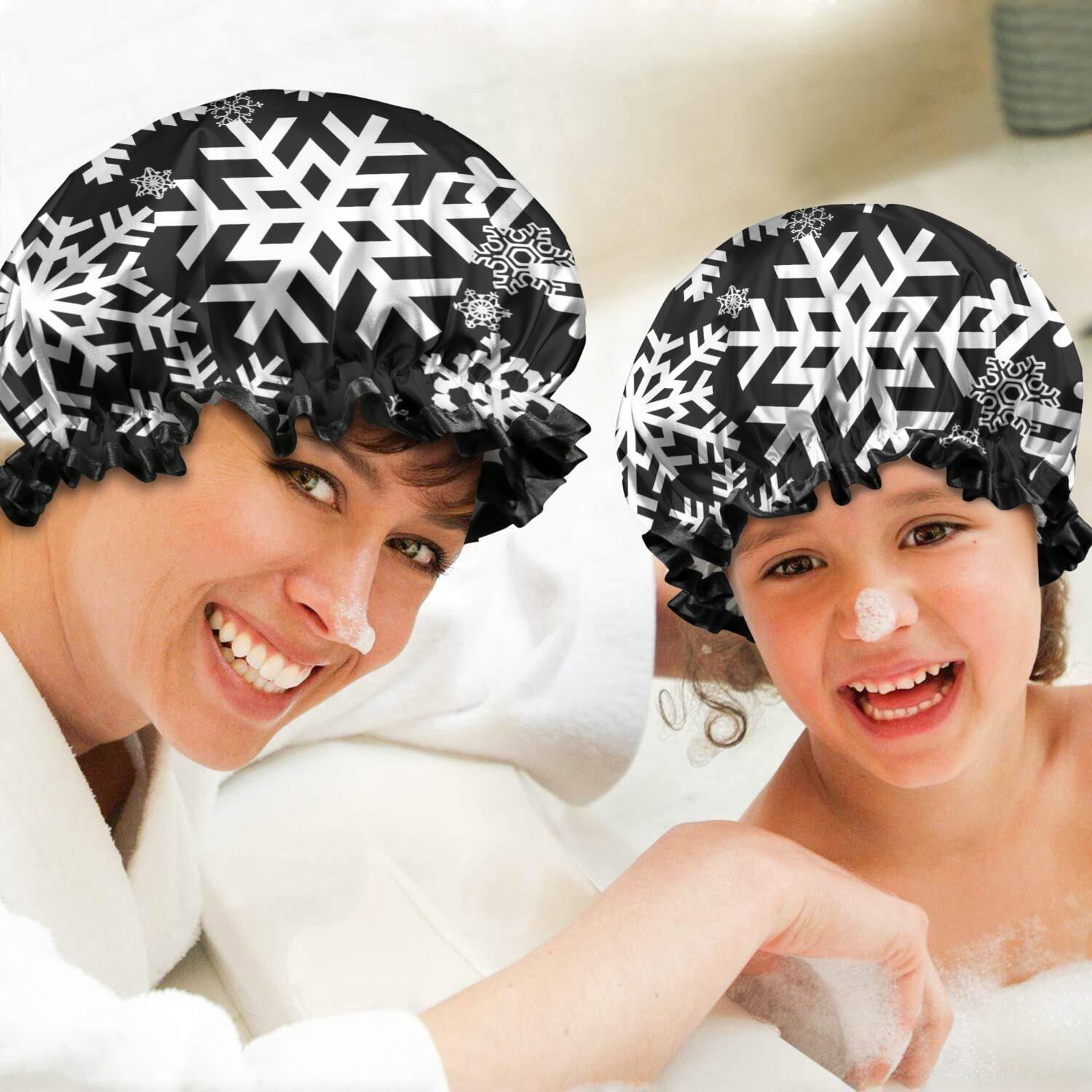 Shower Caps,Black Christmas Snowflake Pattern Waterproof Shower Cap for Women 4 Pieces,Double Reusable Hair Cover for Shower PEVA Elastic Stretch Hem