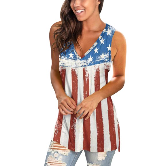 Wang6 Womens Independence Day Tank Tops Summer 4th of July Sleeveless Tops Causal Patriotic USA Flag V Neck Graphic Tee Shirts 0430liLight blue L