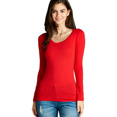 Women's Long Sleeve Scoop Neck Fitted Cotton Top Basic T Shirts-Plus Size Available (FAST & FREE SHIPPING)