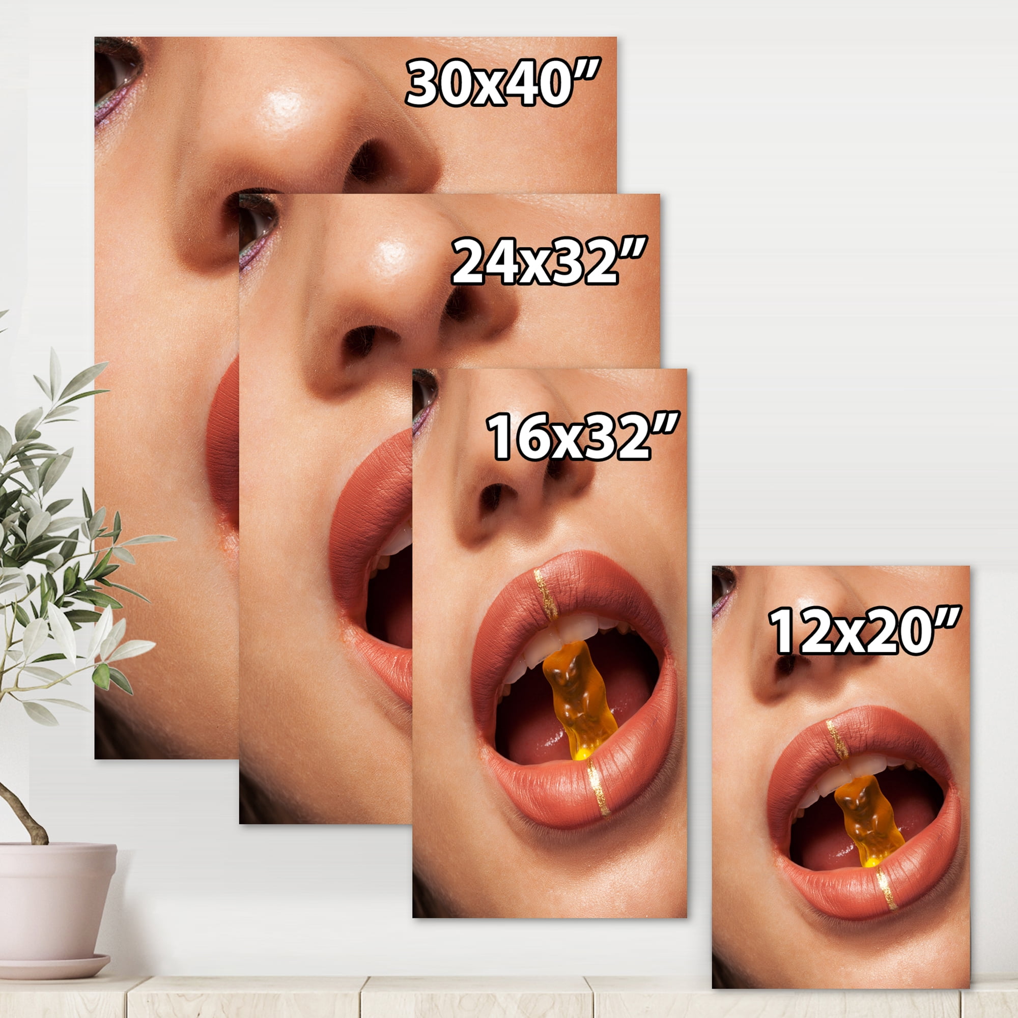 Designart ' Close Up VIew of Female Lips Biting Gummy Bear ' Modern Canvas Wall Art Print