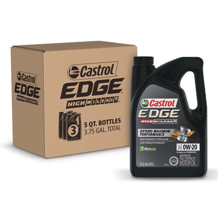 (3 pack) Castrol Edge High Mileage 0W-20 Advanced Full Synthetic Motor Oil, 5 Quarts, Case of 3