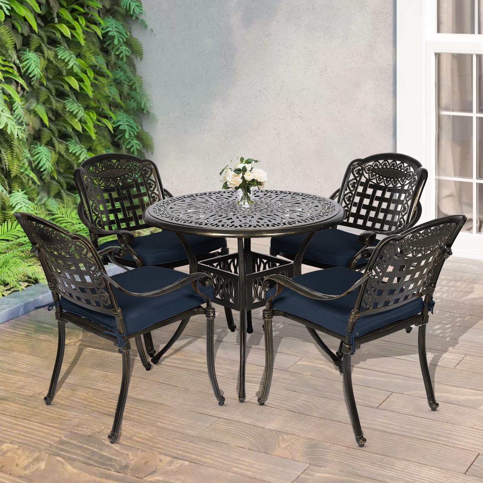MEETWARM 5 Piece Patio Dining Set, Outdoor All-Weather Cast Aluminum Dining Table Set, Patio Furniture Set for Backyard, Include 4 Chairs with Cushions and a 35.4" Round Table, Navy Blue