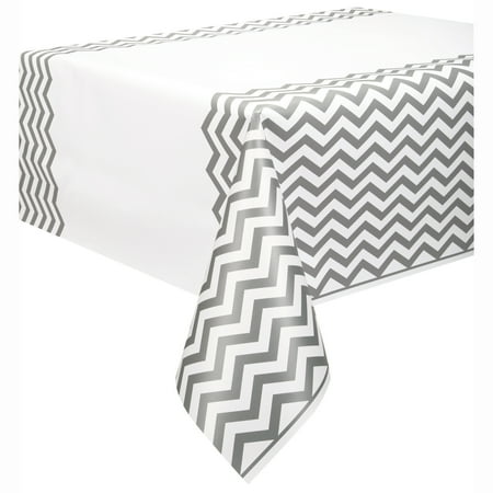 Plastic Silver Chevron Table Cover, 108" x 54"