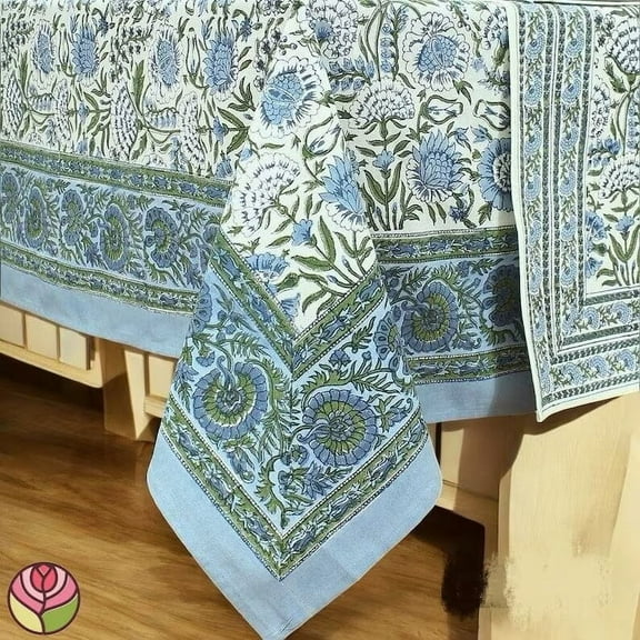 Printofab Sky Blue, Green & White Floral Indian Hand Block Printed Table Cover And Linen Set,Wedding Decor, Tablecloth Thanksgiving best Gift for Mom