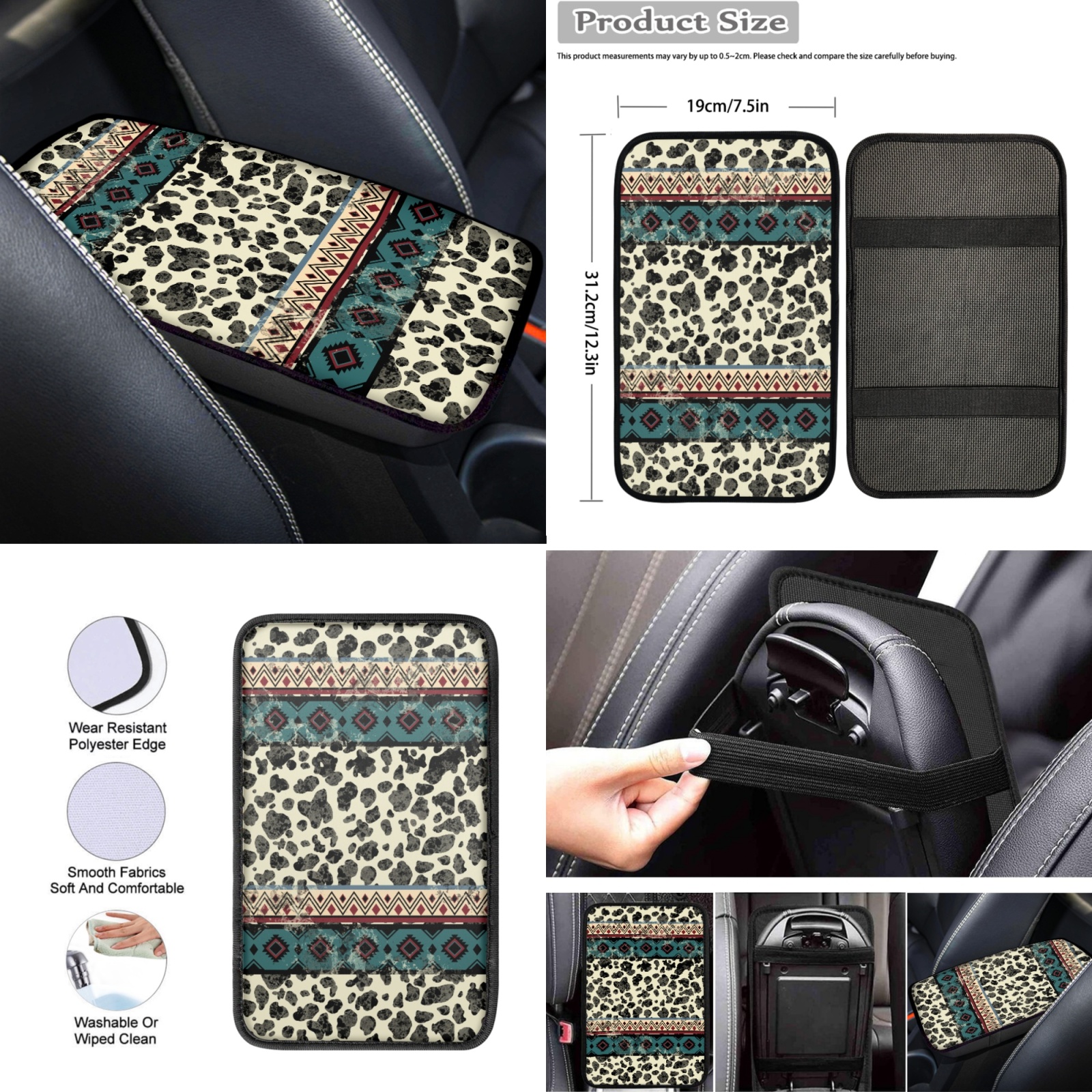 Renewold American Tribal Cow Print Beige Car Accessories Set 12 PCS, Universal Car Seat Covers Steering Wheel Armrest Cover Seat Belt Pad Coasters Handbrake Gear Shift Cover Car Accessories