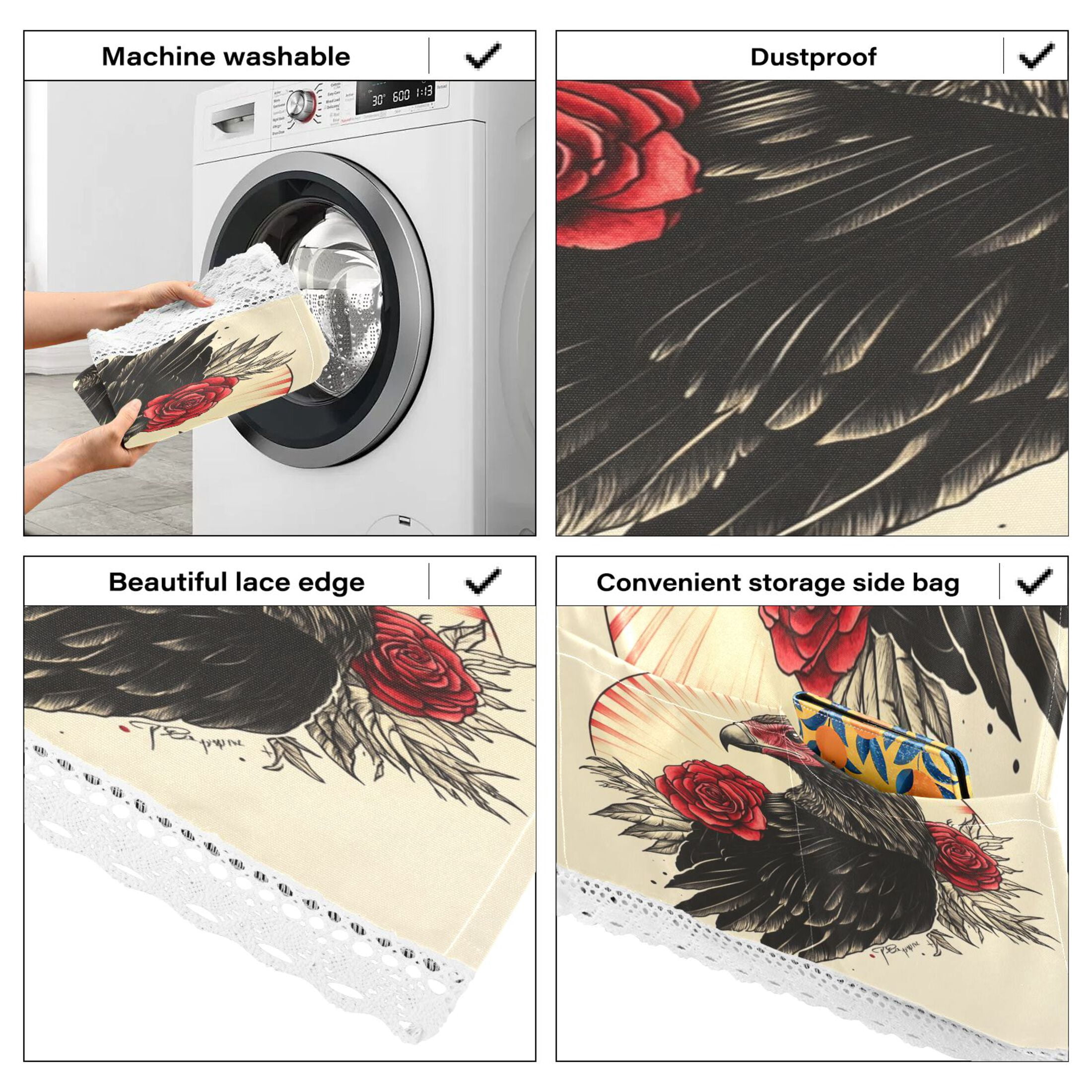 WOBOGO Illustration Of A Vulture with Red Roses on Its Back Washing Machine Cloth Dryer Refrigerator Top Cover Protective Non-Slip Mat For Kitchen Laundry