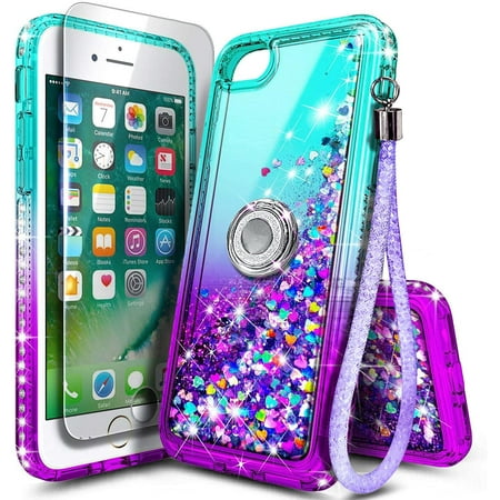 Nagebee Case for iPhone SE 3 5G 2022, iPhone SE 2 2020, iPhone 8 7 6S 6 with Tempered Glass Screen Protector, Glitter Liquid Bling Diamond, [Ring Holder & Wrist Strap] Case (Aqua/Purple)