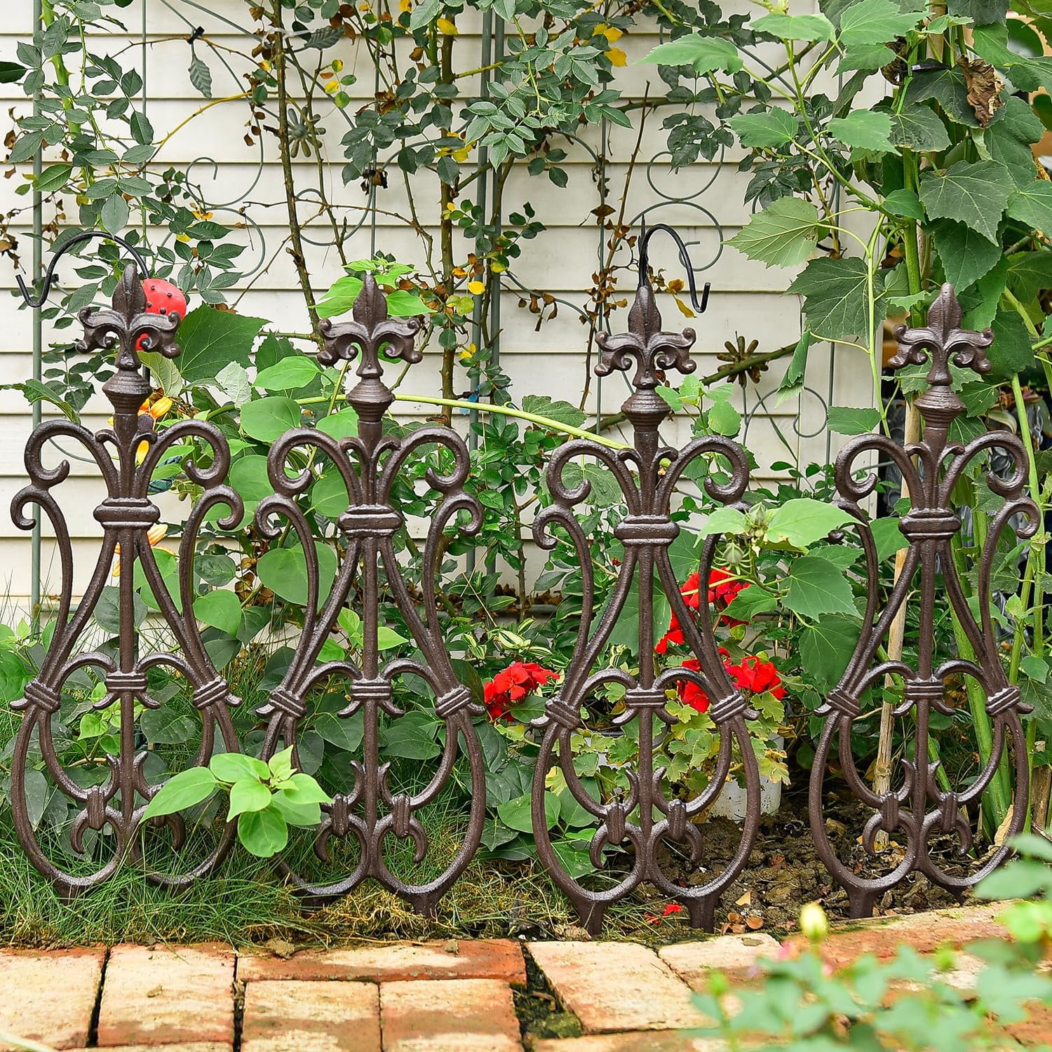 Sungmor Cast Iron Garden Edging Border, Flower Bed Landscape Picket Fence Panels, 28" x 7.6", 4 Count Brown
