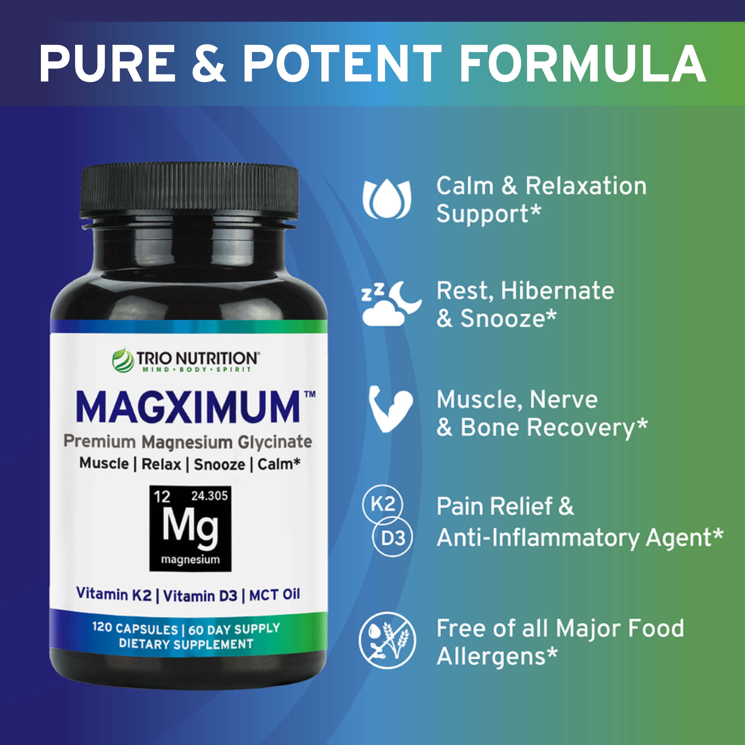 TRIO NUTRITION MagX Magnesium Glycinate, Vitamin D3, Vitamin K2 & MCT Oil | Chelated Magnesium Supplement | Calm, Relaxation & Recovery | Be Well Rested & Start Your Day with Magximum*