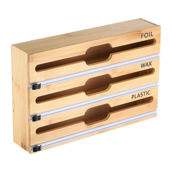 Bamboo 3 in 1 Wrap Organizer with Cutter and Labels, Organizer and Dispenser for Kitchen Storage