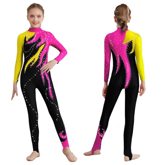 Aislor Girls Unitard Gymnastics Full Body Leotard Rhinestone Color Block Bodysuit for Performance Competition Yellow&Hot Pink 6