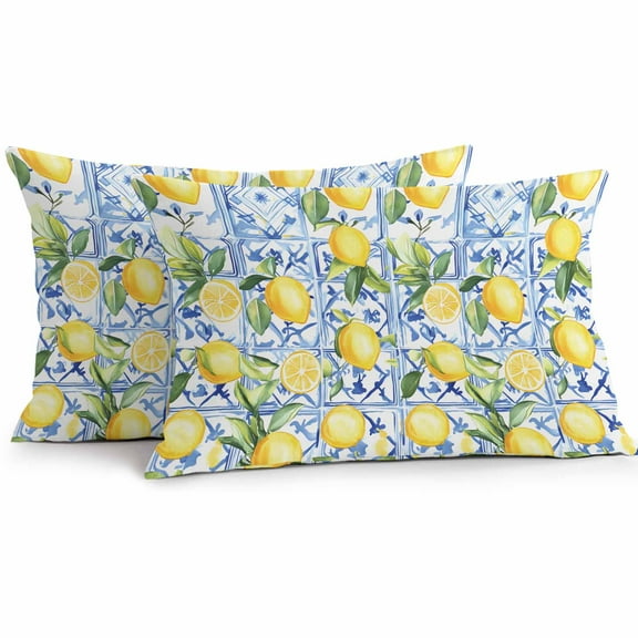 Yellow Lemon Waterproof Outdoor Throw Pillow Covers 12''x20'' Pack 2, Pillow Cases Throw Cushion Cover with Zipper, Botanical Spring Leaves Abstract Blue Tile Washable Pillowcase for Poolside Sofa
