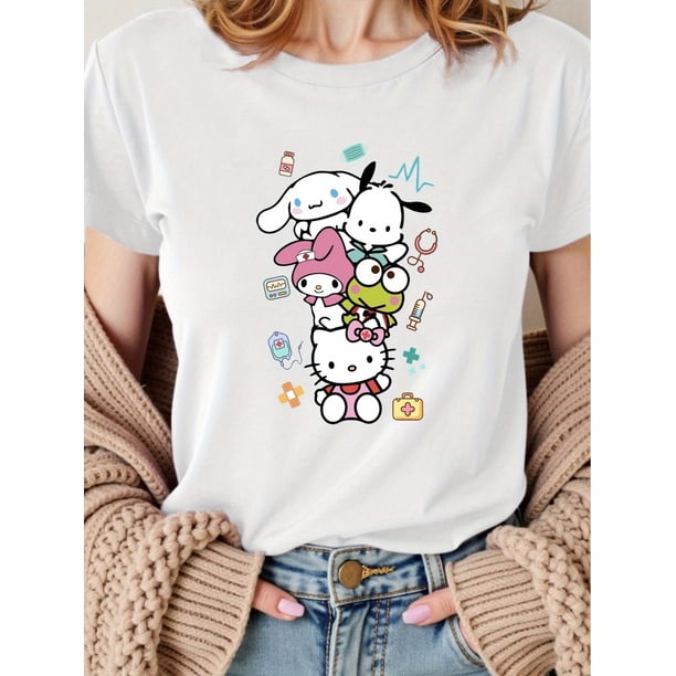 Medical Staff Graphic Women's Casual Crew Neck Short T-Shirt - Playful Cartoon Design, Machine Washable, Summer Essential for Healthcare Professionals