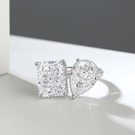 Blue Jewel 14K White Gold Plated Ring - 3.7 Ct Lab Diamond Princess & Pear Cut Wedding Ring - 2 Stone Engagement Wedding Toi Et Moi Ring - Ever & Ever Halo-Style Engagement Rings - Proposal Ring