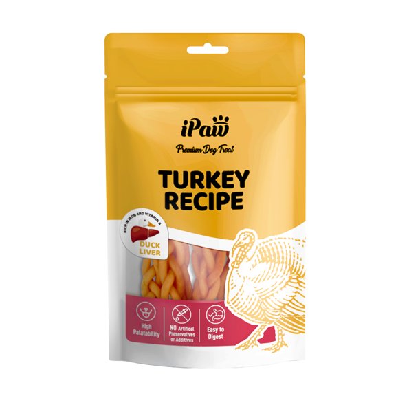 iPaw Turkey Dog Treats, All Natural Human Grade Dog Treat, Suitable for Training chew, US Sourced Raw Material, Hypoallergenic, Rawhide Alternative, Braided Stick (Duck Liver)