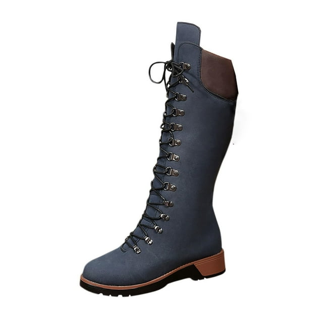 Blue Women'S Everyday Winter Boots With Front Lace-Up And Mid Heel Suitable For Indoor Wear