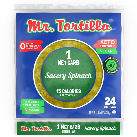 Mr. Tortilla 1 Net Carb Savory Spinach Tortilla Wraps, 24 Count, 8.5 oz