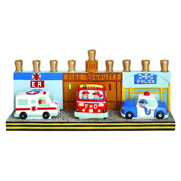 Aviv Judaica Childrens First Responders Menorah Intricately Detailed by Jessica Sporn Polyresin Candle Menorah for Kids Features Police Car Fire Engine Ambulance EMT Fits Standard Hanukkah Candles