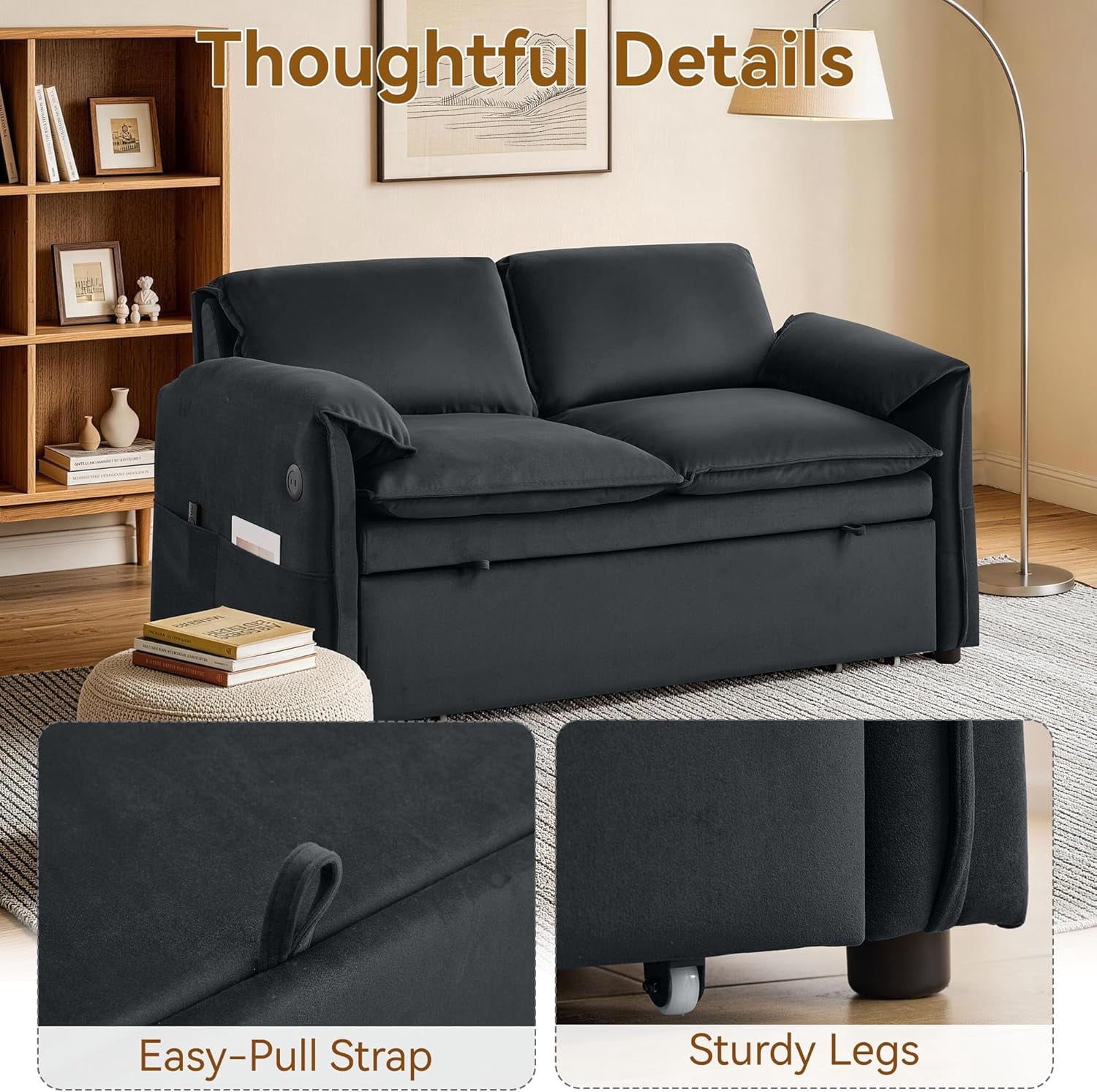 63" Velvet Pull Out Couch, 3-in-1 Convertible Sleeper Sofa Bed with Adjustable Backrest, USB Charging Ports, Side Pockets, Modern Loveseat for Living Room, Bedroom, Apartment, Dark Grey