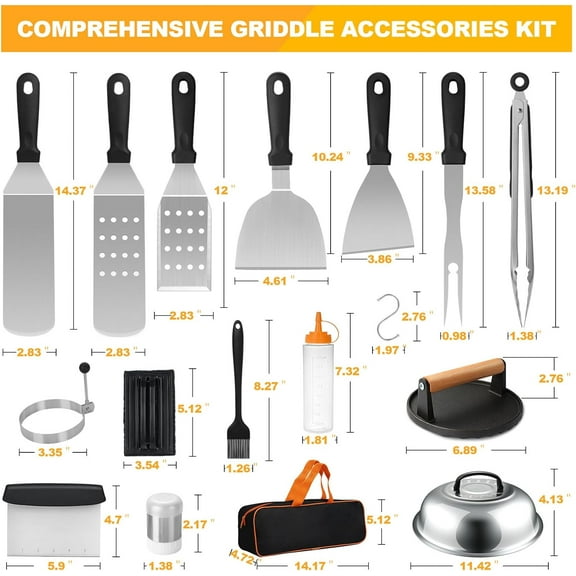 Griddle Accessories Kit,  29 PCS Flat Top Grill Accessories for Blackstone and Camp Chef, Metal Spatula Set with Burger Press, Melting Dome, Scraper, Tongs, Carry Bag for Outdoor Grilling BBQ