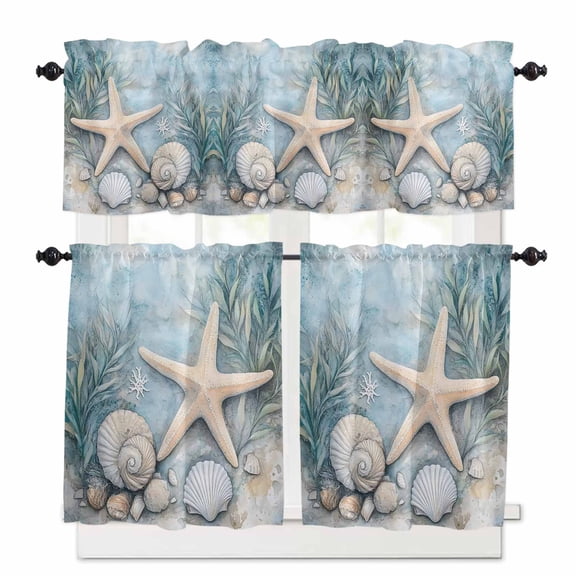 Ocean Coral Kitchen Curtains and Valances Set, Shell Starfish Plant Leaf Coastal Rustic Rod Pocket Window Valance 18 Inch Window Curtain Panels for Living Room Bedroom Laundry, 27.5x24in, 3 Pieces