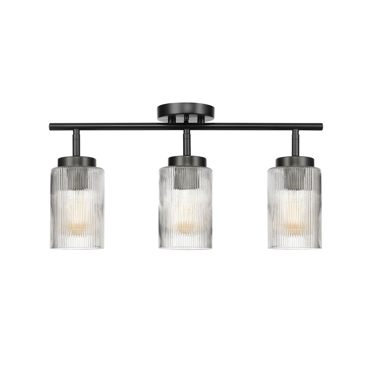 3-Light Matte Black Track Lighting with Ribbed Glass Shades and Pivoting Track Heads