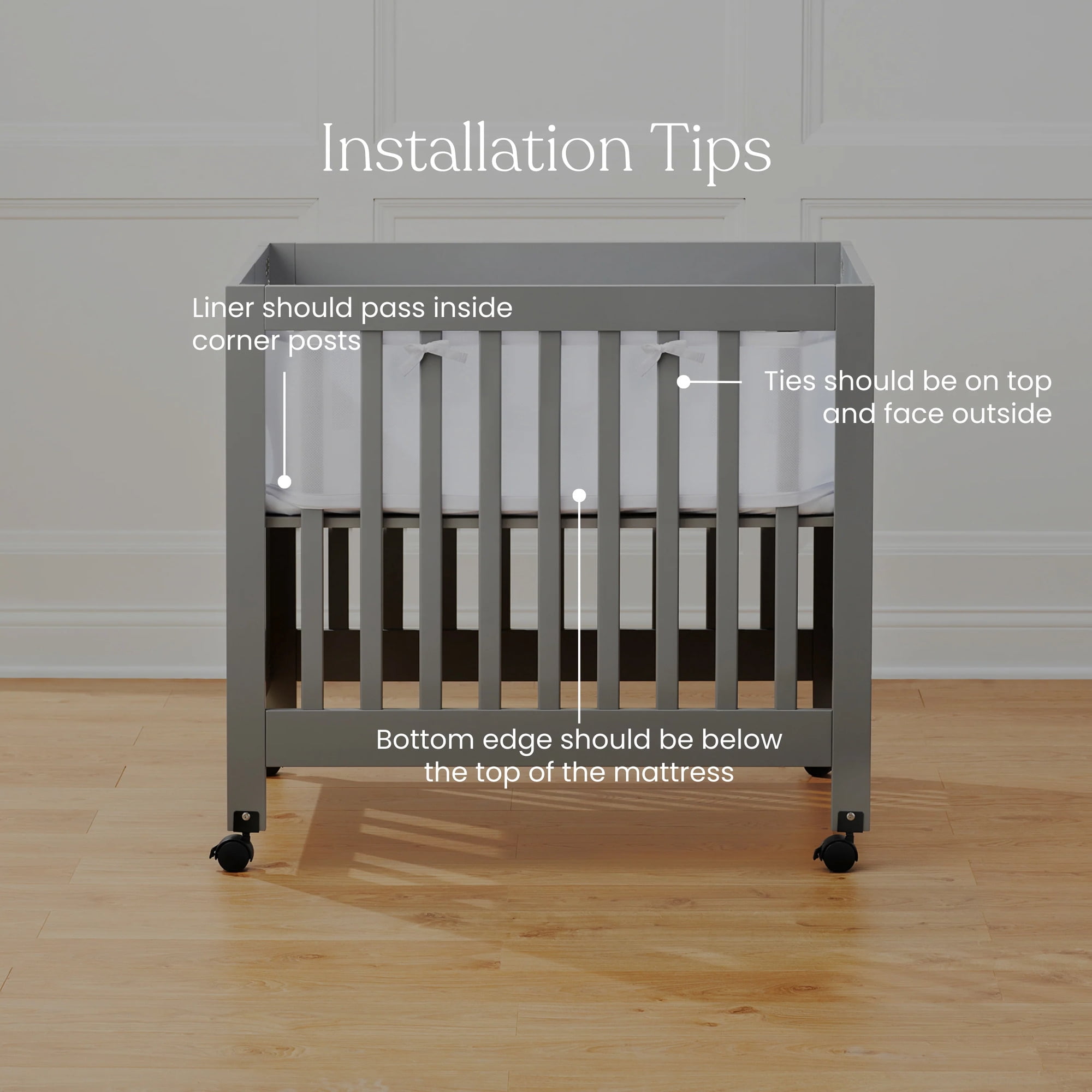 HALO Breathable Mesh Mini Crib Liner, Airflow Design Crib Bumper, 100% Polyester, Gray, 11" x 127"