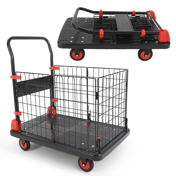 Heavy Duty Hand Moving Cart 1000LBS Capacity Platform Truck Cart with Cage,Folding Carts with Wheels,Foldable Dolly Carts with Basket for Warehouse Luggage Moving,35 x 23 in,Black