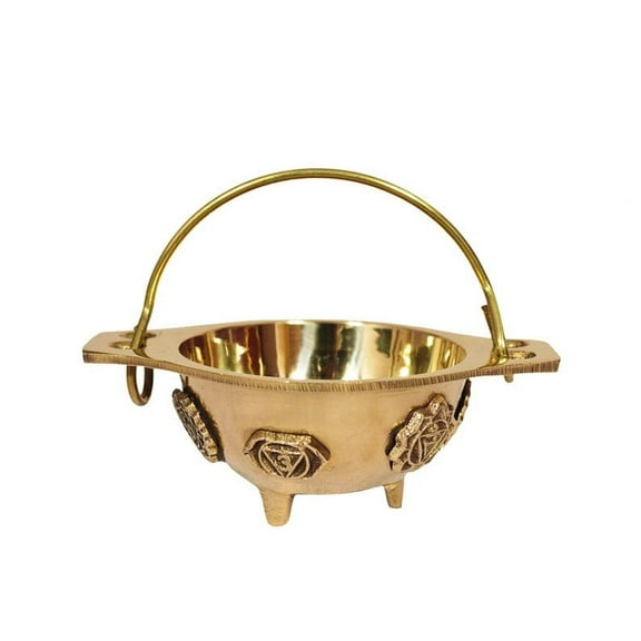 Soul Sticks 7 Chakras 4.5" Brass Cauldron with Carry Handle in Gold Color for Spells, Smudging, Ritual & Blessings