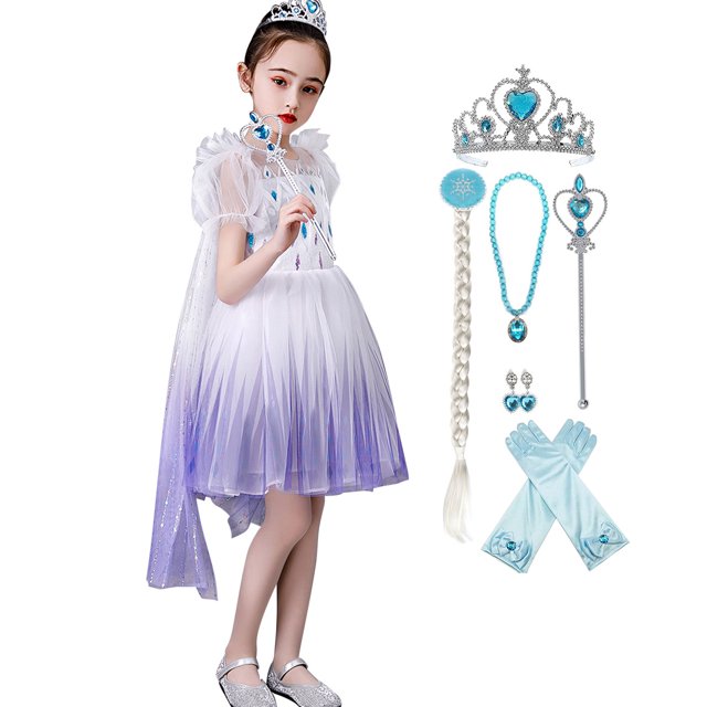 HAWEE Elsa Robe de Princesse Reine des Neiges Cosplay Flocon de Neige Costume Robes pour Filles Manches Courtes Robe de Princesse à Paillettes pour Fête
