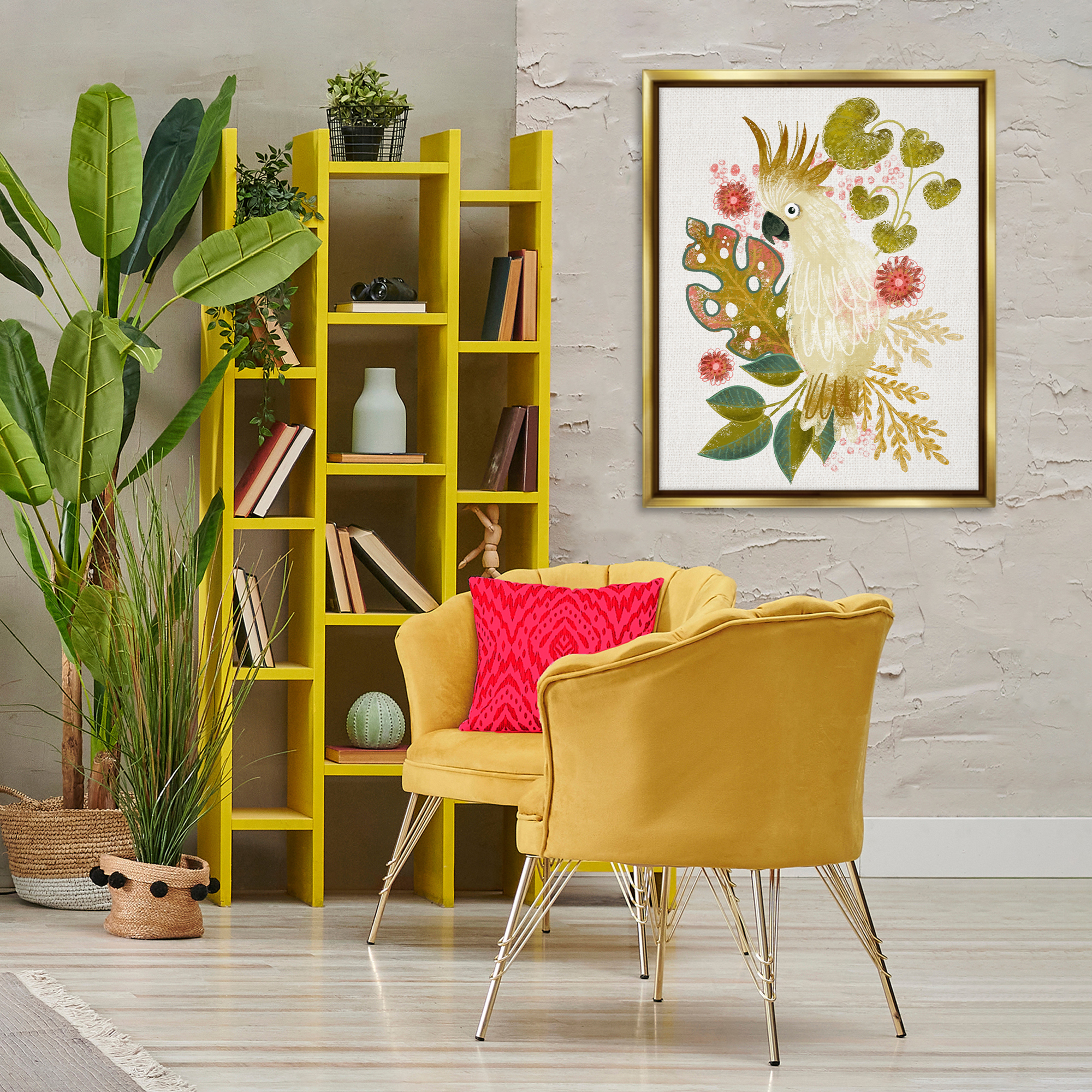 Stupell Industries Cockatoo & Tropical Leaves Animals & Insects Painting Gold Floater Framed Canvas Art Print Wall Art, 25 x 31