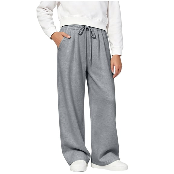 CYRBOKO Girls Athletic Sweatpants, Soft Casual Drawstring Elastic Waist Wide Leg Pants Gray Size 7-8 T