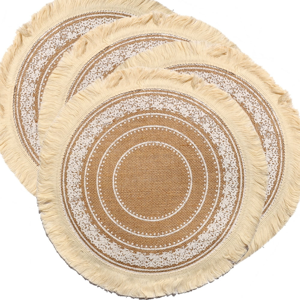 Set of 4 Round Table Mats, 15" Round Burlap Placemats with Tassels