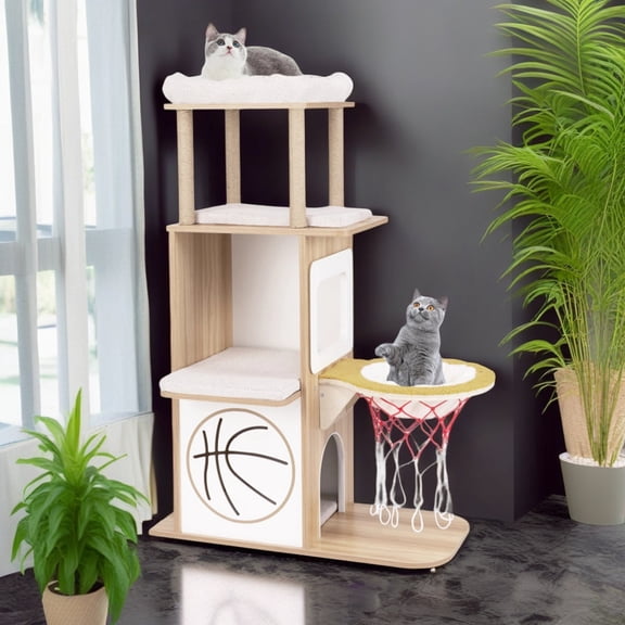 Demi Bonn 47" Modern Cat Tree Tower for Large Cat, Wood Cat Condo Heavy Duty with Scratch Post for Indoor Cats, Cat Tree House for Kittens, Beige