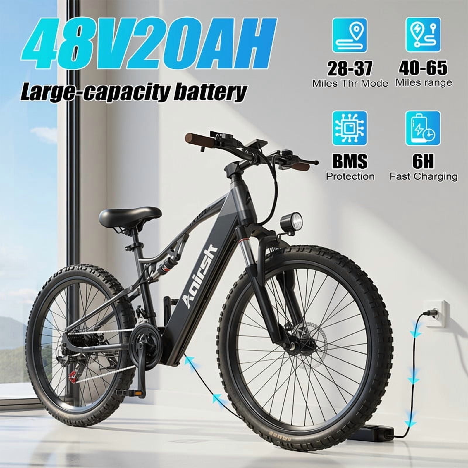 Aairsk XT90 1500W Peek Motor 28MPH Ebike For Adults,48V 20AH Battery,26" Electric Bike With Full Suspension UL2849