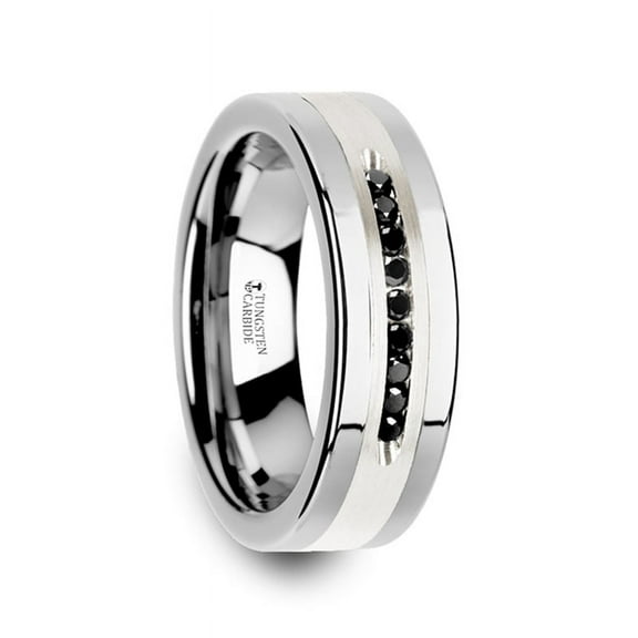 Blackstone Flat Tungsten Wedding Band With Brushed Silver Inlay Center And 9 Channel Set Black Diamonds